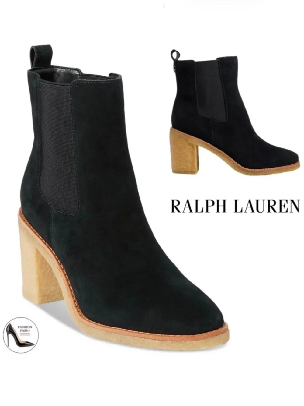 Ralph Lauren Marianna Black Suede Pull-On Chelsea Booties Block Heel Ankle Boots